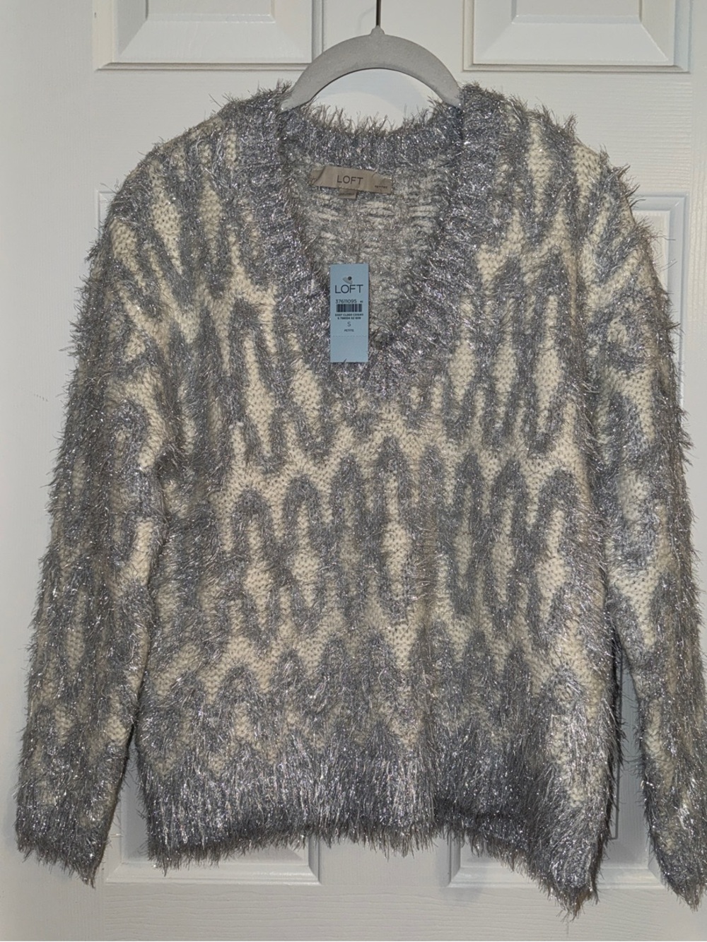 LOFT Women's Metallic Silver V-Neck Sweater